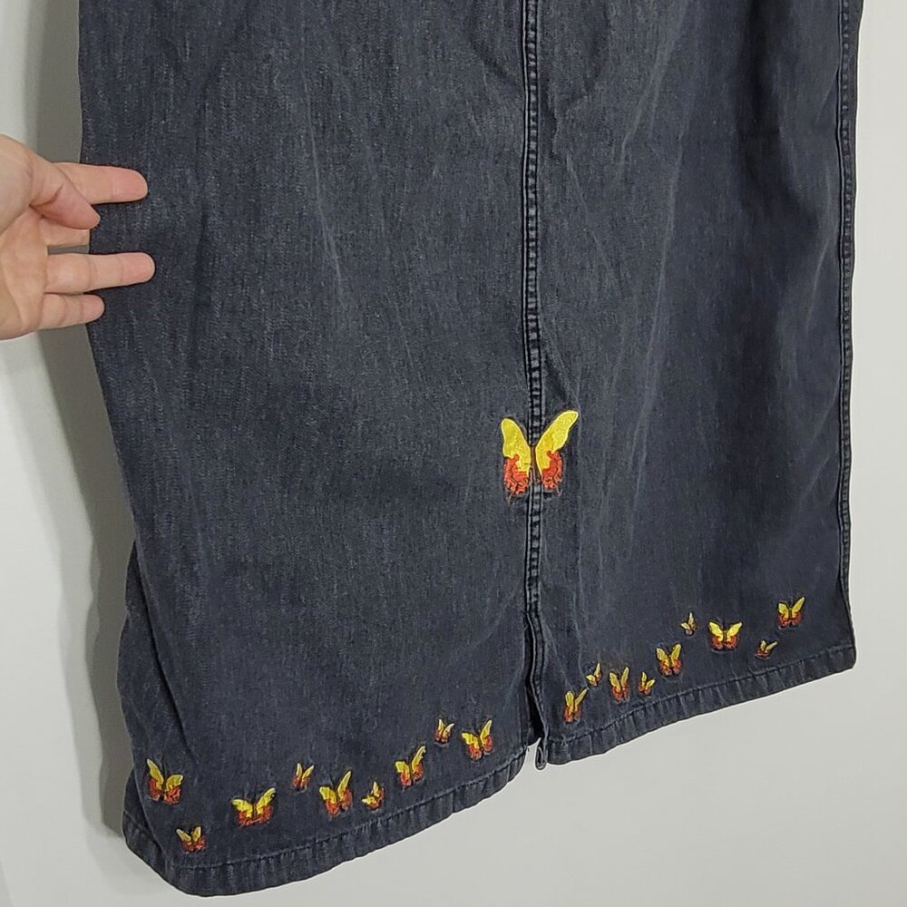 Fancy Denim Vintage Black 100% Cotton Butterfly Embroidered Denim Skirt Large - Picture 7 of 12
